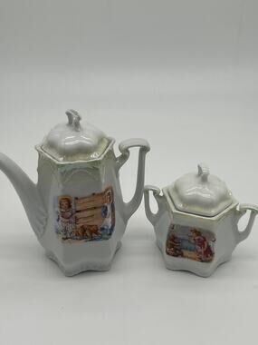 Vintage German Porcelain Tea Set Teapot Sugar Bowl Victorian Children Scene Bear